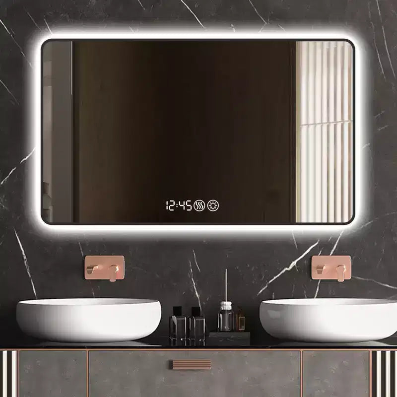 Miroir mural intelligent rectangulaire moderne pour salle de bain, chambre, salon de coiffure, grand miroir de courtoisie en aluminium avec écran tactile LED