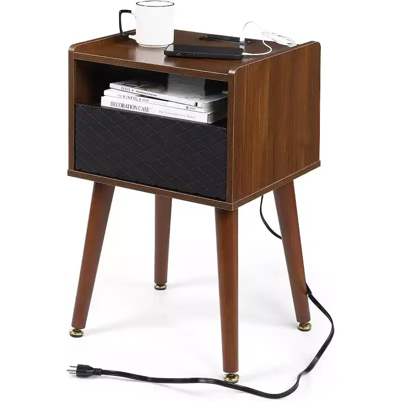 Modern End Table with Charging Station Farmhouse Nightstand with Storage Drawer & Open Shelf Solid Wood Legs for Bedroom