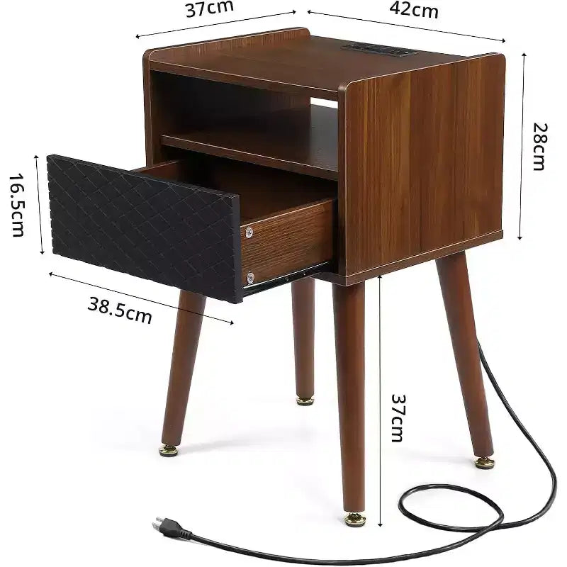 Table d'appoint moderne avec station de charge Table de chevet de style rustique avec tiroir de rangement et étagère ouverte Pieds en bois massif pour chambre à coucher