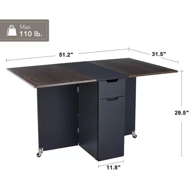 Table à manger pliante peu encombrante avec rangement à 2 niveaux - Meuble de cuisine et de bureau extensible, pliable et dépliable de forme rectangulaire