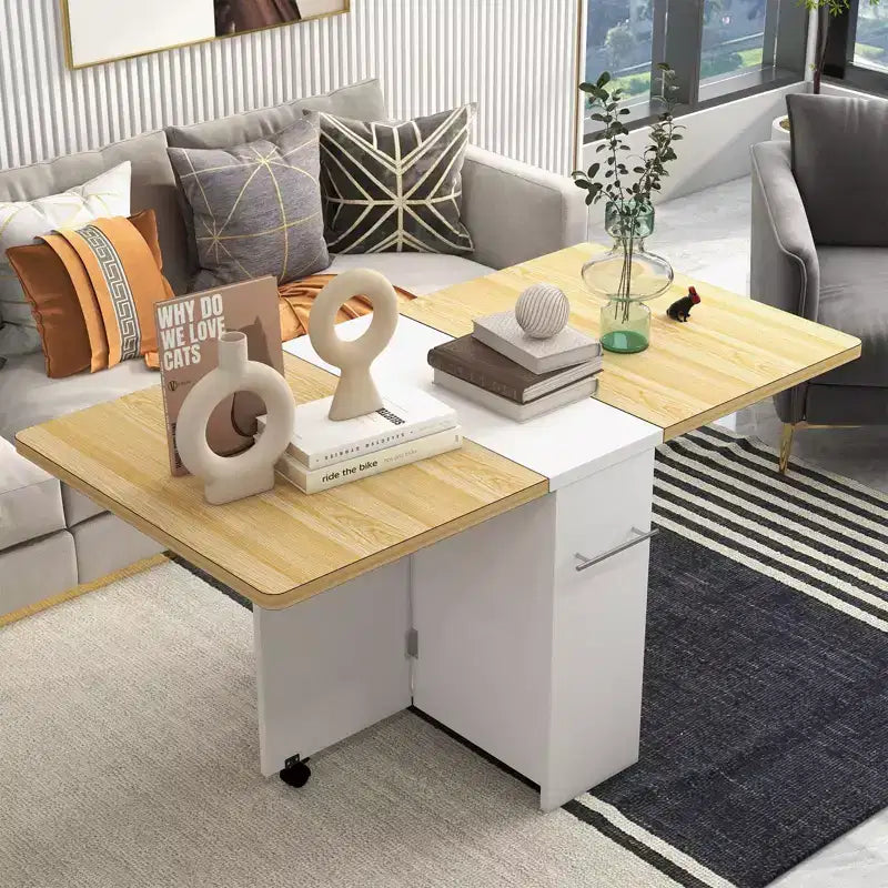 Table à manger pliante peu encombrante avec rangement à 2 niveaux - Meuble de cuisine et de bureau extensible, pliable et dépliable de forme rectangulaire