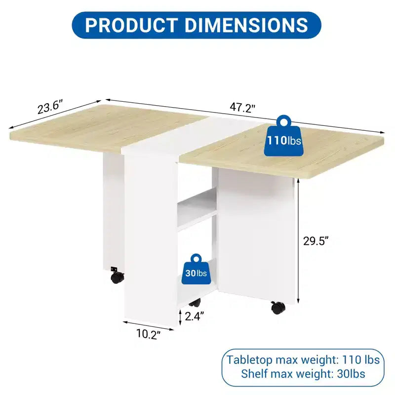 Table à manger pliante peu encombrante avec rangement à 2 niveaux - Meuble de cuisine et de bureau extensible, pliable et dépliable de forme rectangulaire