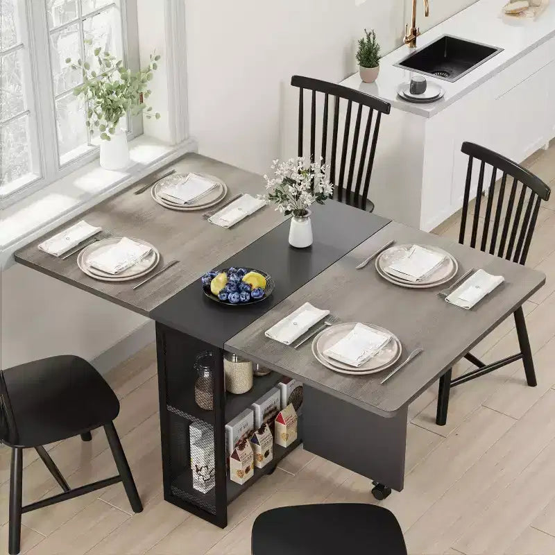 Table à manger pliante peu encombrante avec rangement à 2 niveaux - Meuble de cuisine et de bureau extensible, pliable et dépliable de forme rectangulaire
