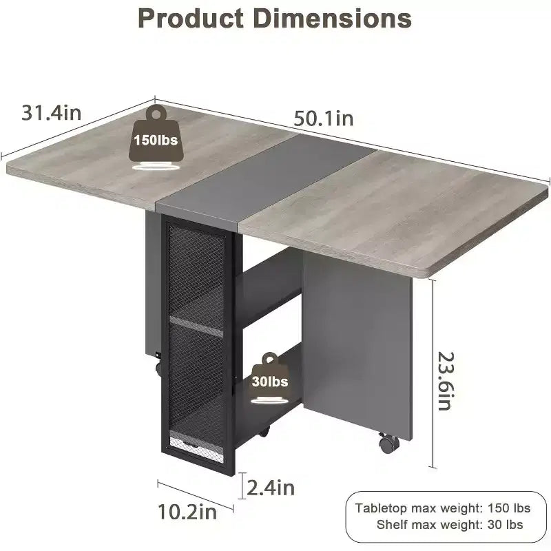 Table à manger pliante peu encombrante avec rangement à 2 niveaux - Meuble de cuisine et de bureau extensible, pliable et dépliable de forme rectangulaire