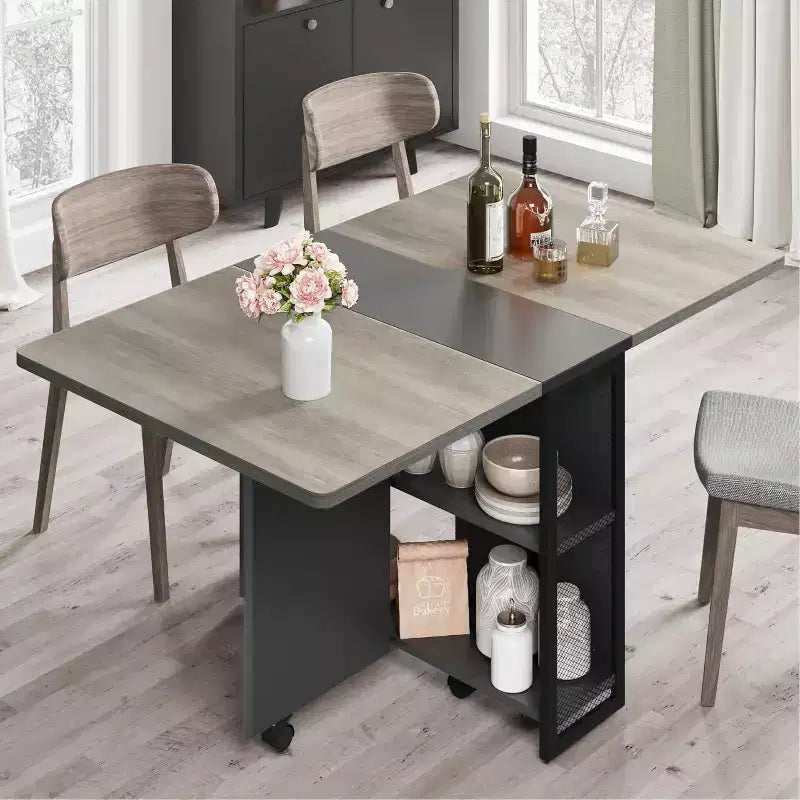 Table à manger pliante peu encombrante avec rangement à 2 niveaux - Meuble de cuisine et de bureau extensible, pliable et dépliable de forme rectangulaire