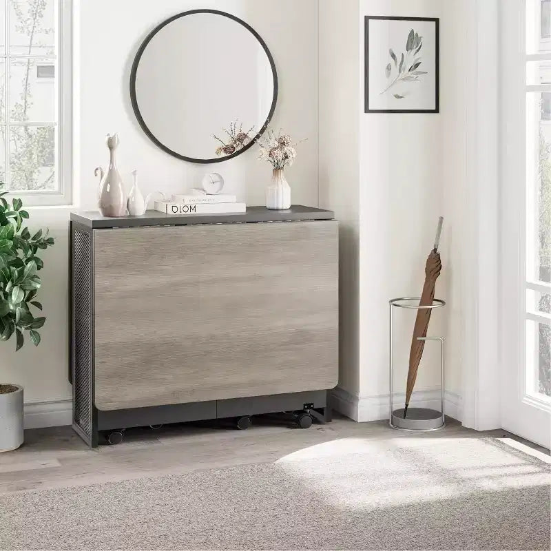 Table à manger pliante peu encombrante avec rangement à 2 niveaux - Meuble de cuisine et de bureau extensible, pliable et dépliable de forme rectangulaire