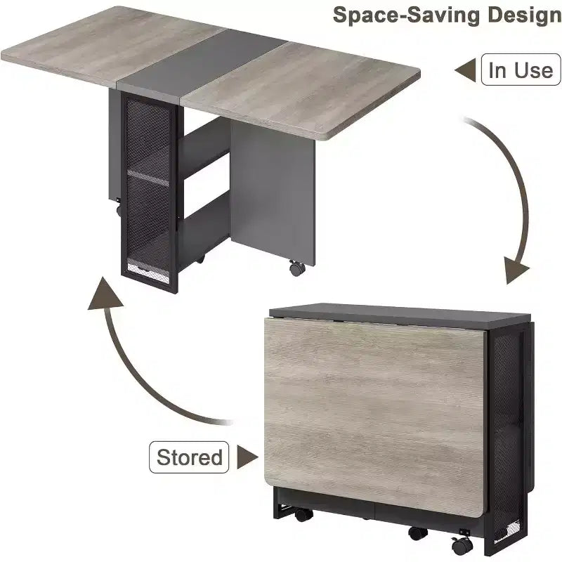 Table à manger pliante peu encombrante avec rangement à 2 niveaux - Meuble de cuisine et de bureau extensible, pliable et dépliable de forme rectangulaire