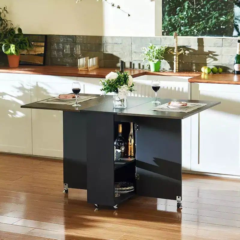 Table à manger pliante peu encombrante avec rangement à 2 niveaux - Meuble de cuisine et de bureau extensible, pliable et dépliable de forme rectangulaire