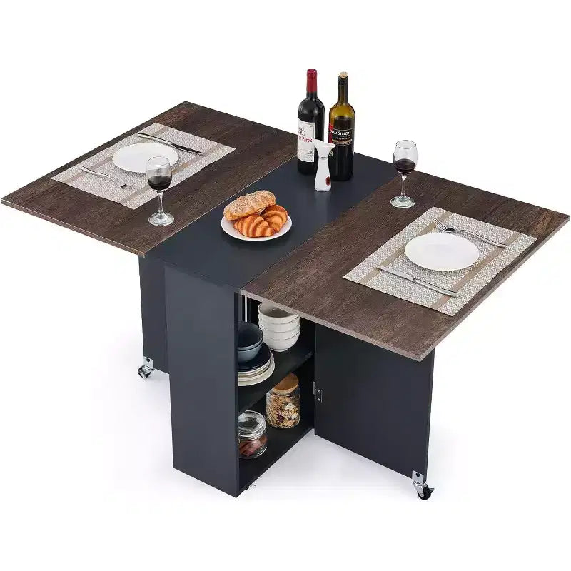 Table à manger pliante peu encombrante avec rangement à 2 niveaux - Meuble de cuisine et de bureau extensible, pliable et dépliable de forme rectangulaire