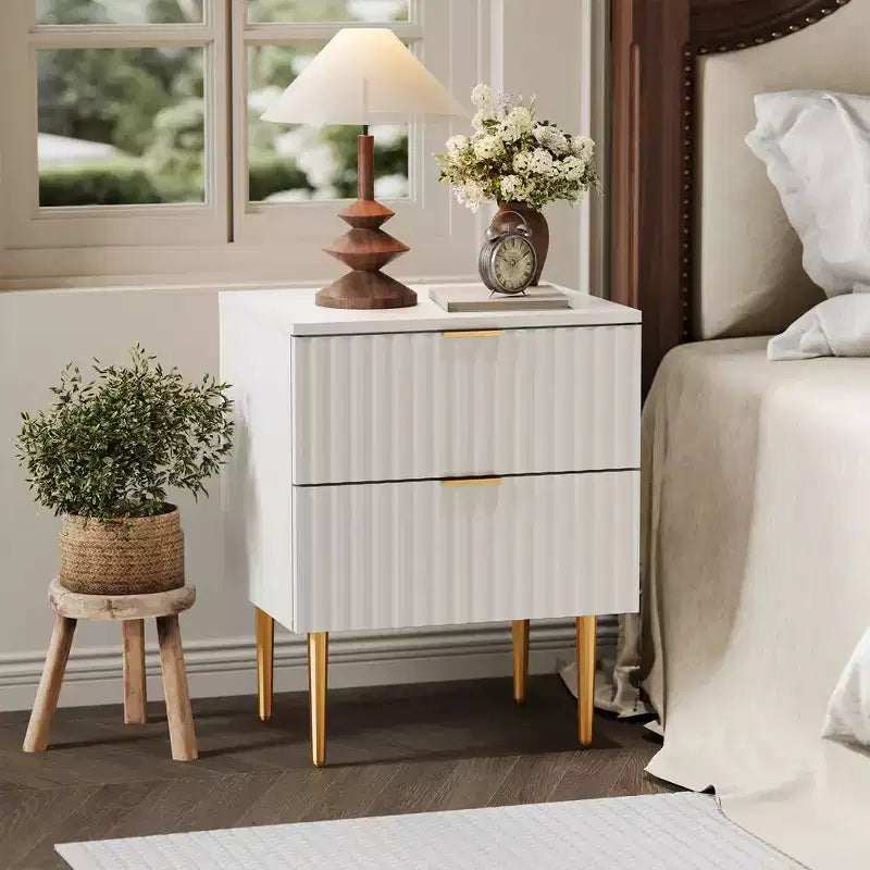 Modern Fluted Nightstand with 2 Drawers Gold & Wood Bedside Table Small Side Table End Table for Bedroom Living Room