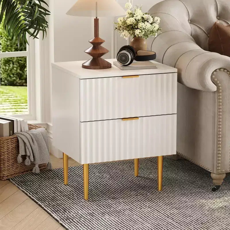Table de chevet cannelée moderne avec 2 tiroirs, table de chevet en or et bois, petite table d'appoint pour chambre à coucher et salon