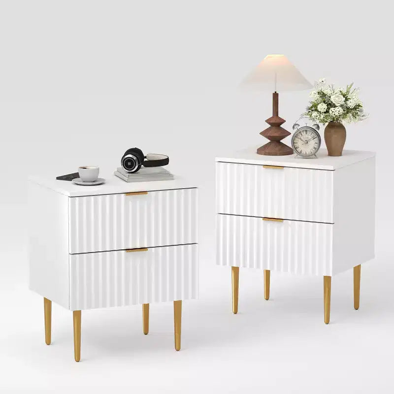 Table de chevet cannelée moderne avec 2 tiroirs, table de chevet en or et bois, petite table d'appoint pour chambre à coucher et salon