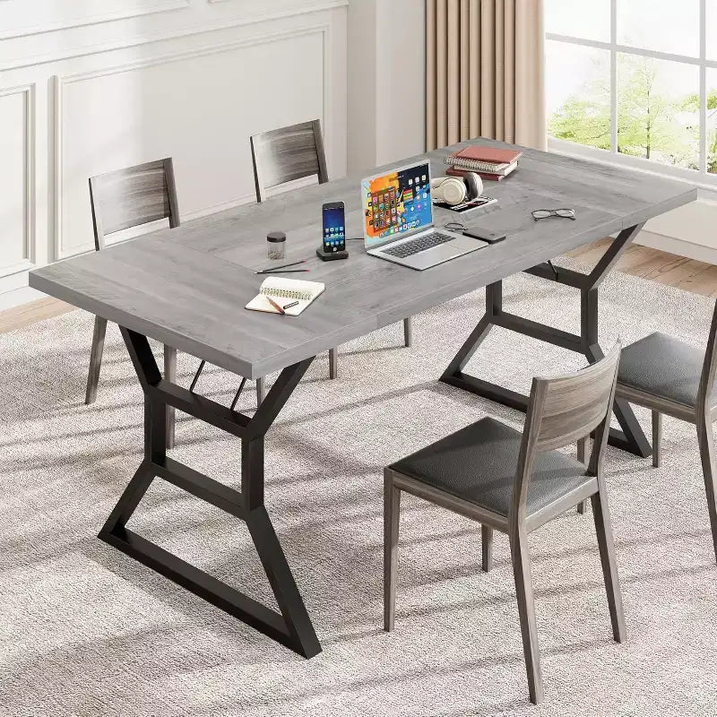 Table de salle à manger rectangulaire pour 6 personnes, tables de cuisine avec pieds en métal ultra-robustes, gris