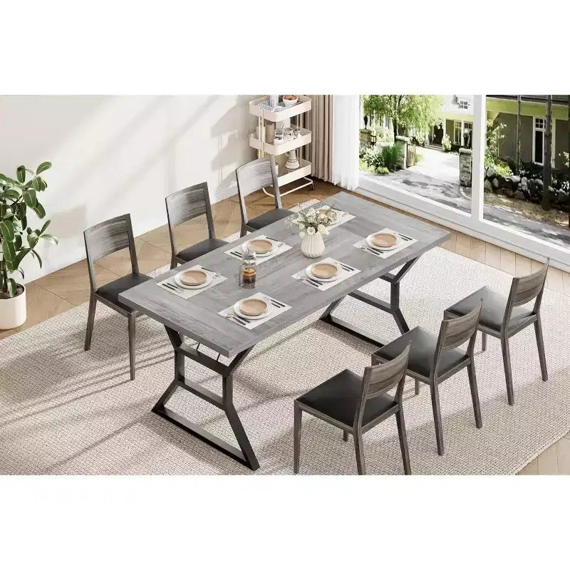 Table de salle à manger rectangulaire pour 6 personnes, tables de cuisine avec pieds en métal ultra-robustes, gris