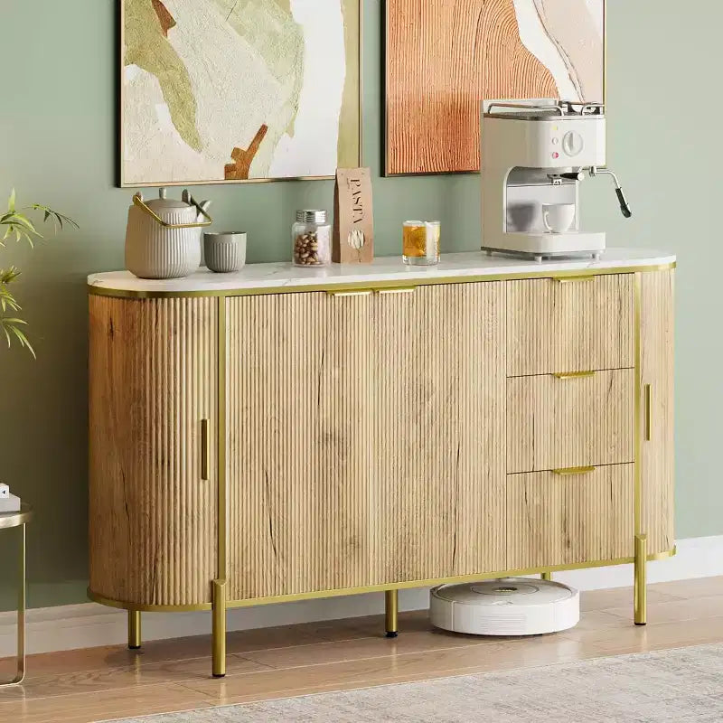 59in Large Sideboard Buffet Cabinet Modern Fluted Cupboard Coffee Bar Oval Wood TV Console Cabinet with 3 Drawers Blue
