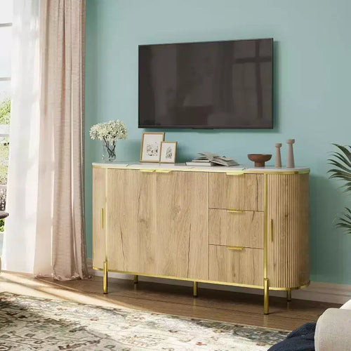 Buffet grand 150 cm avec cannelures, meuble de bar à café moderne, console TV ovale en bois avec 3 tiroirs, bleu