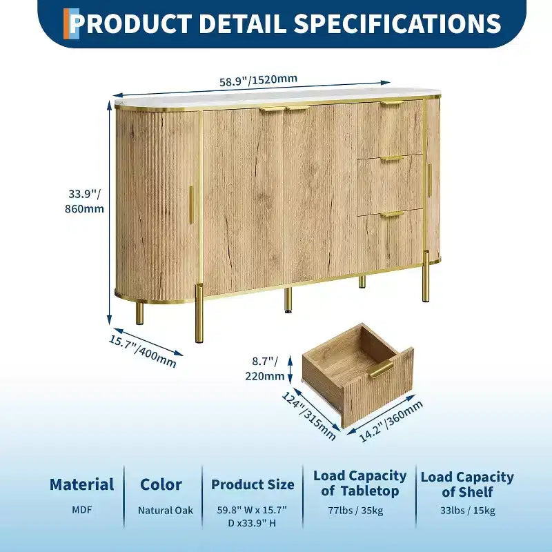 Buffet grand 150 cm avec cannelures, meuble de bar à café moderne, console TV ovale en bois avec 3 tiroirs, bleu