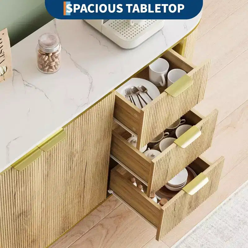 Buffet grand 150 cm avec cannelures, meuble de bar à café moderne, console TV ovale en bois avec 3 tiroirs, bleu