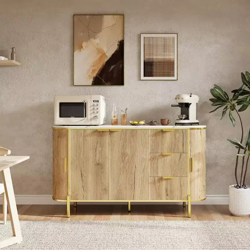 Buffet grand 150 cm avec cannelures, meuble de bar à café moderne, console TV ovale en bois avec 3 tiroirs, bleu