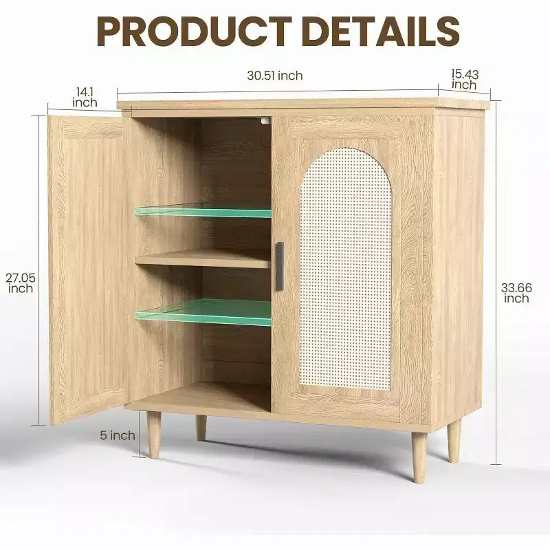 Buffet de salle à manger/crédence avec rangement et portes en rotin, offrant un grand espace de rangement