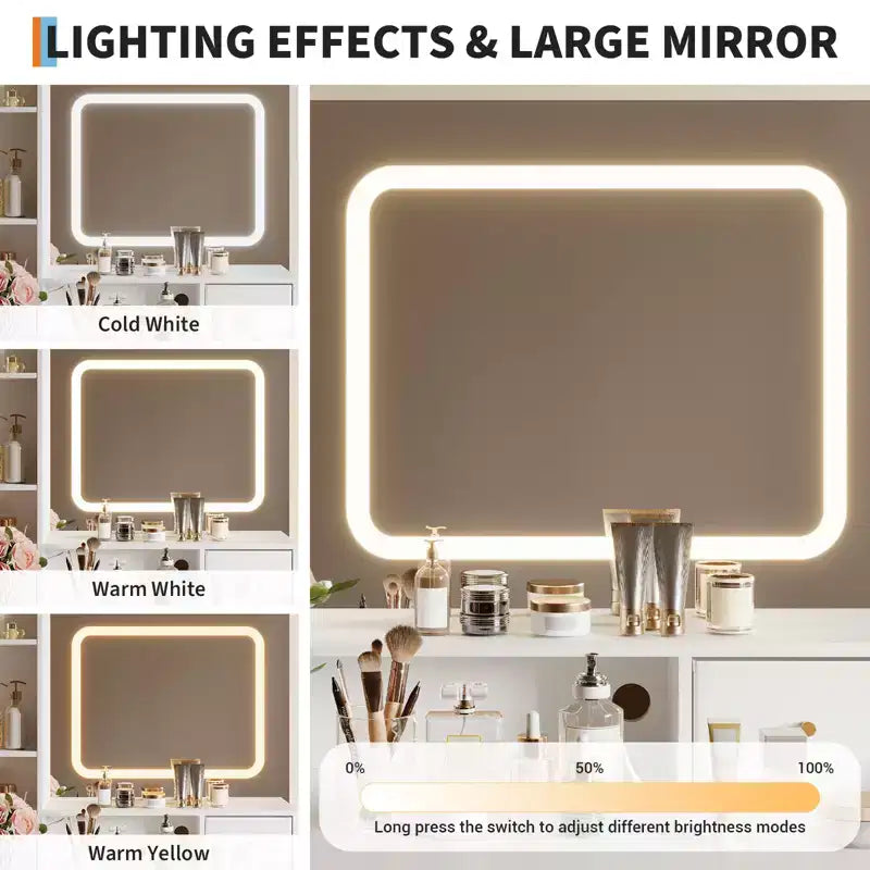 Coiffeuse avec miroir et lumière, 4 tiroirs et 2 étagères de rangement, éclairage LED, 3 modes d'éclairage, parfaite pour la chambre.