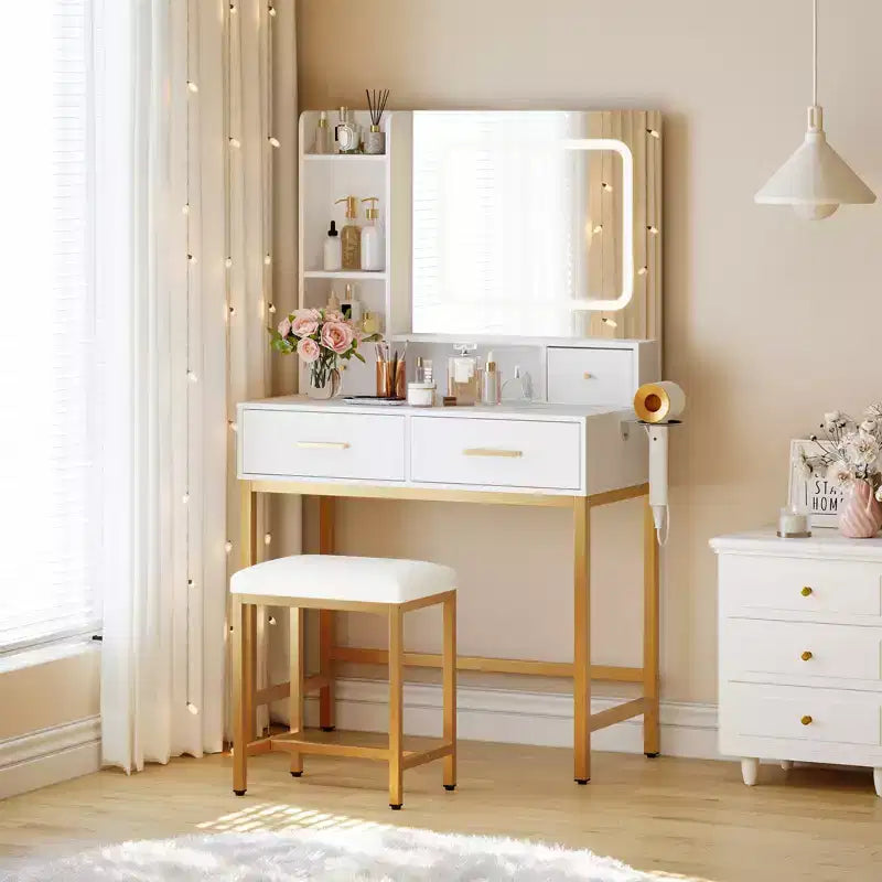 Coiffeuse avec miroir et lumière, 4 tiroirs et 2 étagères de rangement, éclairage LED, 3 modes d'éclairage, parfaite pour la chambre.