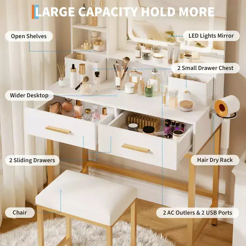 Coiffeuse avec miroir et lumière, 4 tiroirs et 2 étagères de rangement, éclairage LED, 3 modes d'éclairage, parfaite pour la chambre.