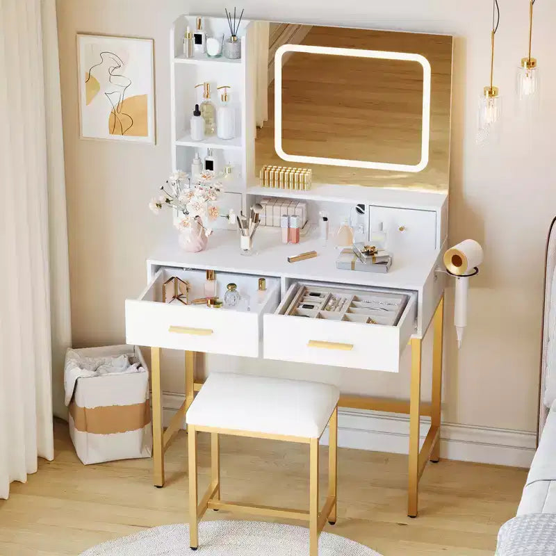 Coiffeuse avec miroir et lumière, 4 tiroirs et 2 étagères de rangement, éclairage LED, 3 modes d'éclairage, parfaite pour la chambre.