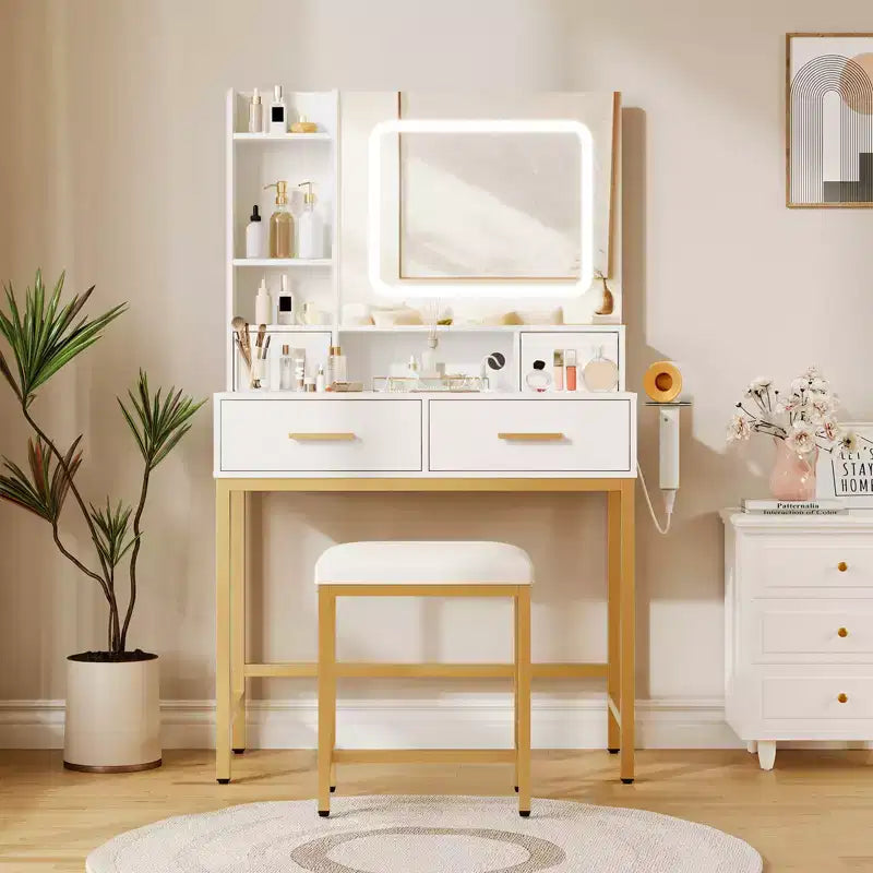 Coiffeuse avec miroir et lumière, 4 tiroirs et 2 étagères de rangement, éclairage LED, 3 modes d'éclairage, parfaite pour la chambre.