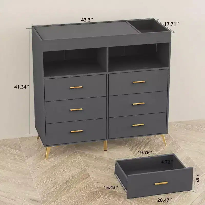 Commode à langer avec tiroirs pour bébé avec table à langer, prise de courant, lumière LED et pieds en métal