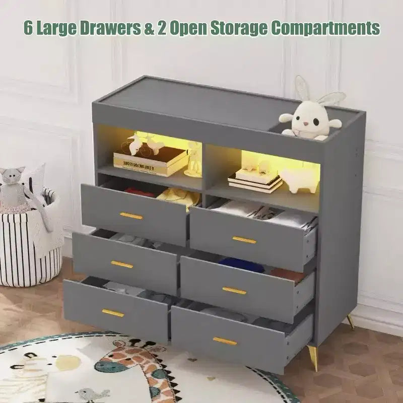 Commode à langer avec tiroirs pour bébé avec table à langer, prise de courant, lumière LED et pieds en métal