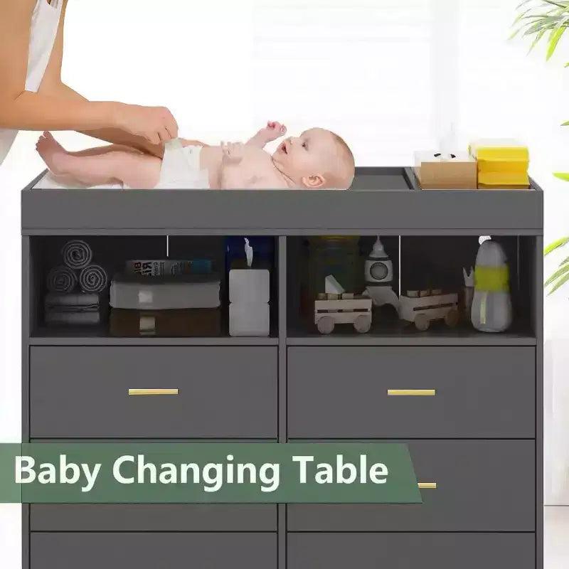 Commode à langer avec tiroirs pour bébé avec table à langer, prise de courant, lumière LED et pieds en métal