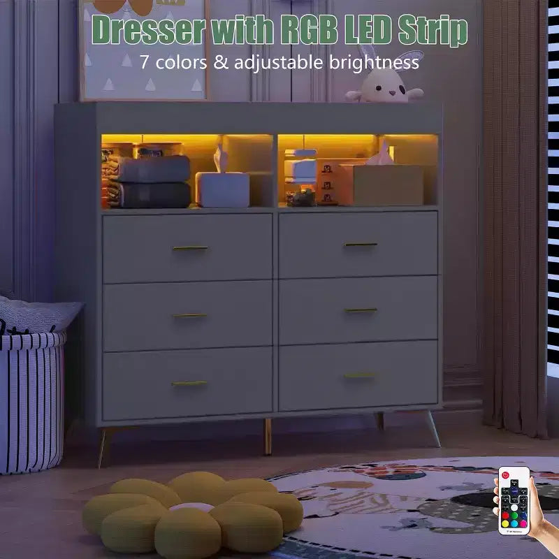 Commode à langer avec tiroirs pour bébé avec table à langer, prise de courant, lumière LED et pieds en métal