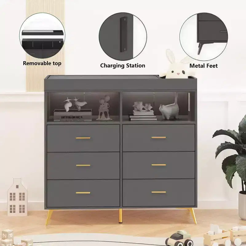 Commode à langer avec tiroirs pour bébé avec table à langer, prise de courant, lumière LED et pieds en métal