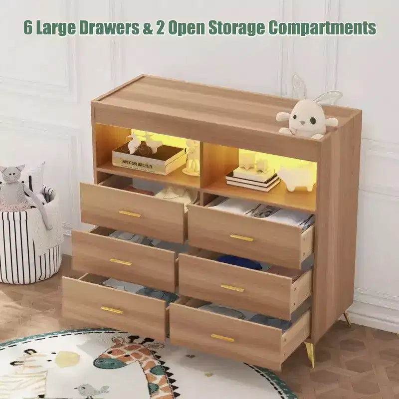 Commode à langer avec tiroirs pour bébé avec table à langer, prise de courant, lumière LED et pieds en métal