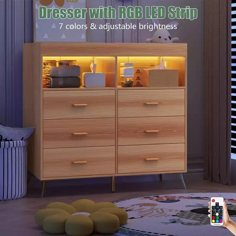 Commode à langer avec tiroirs pour bébé avec table à langer, prise de courant, lumière LED et pieds en métal