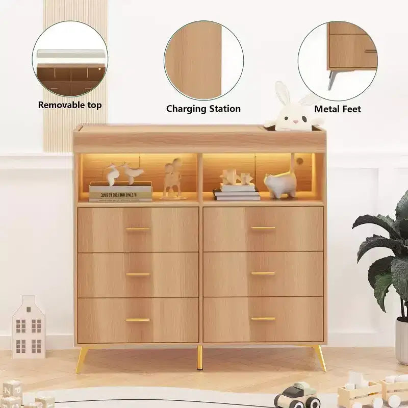 Commode à langer avec tiroirs pour bébé avec table à langer, prise de courant, lumière LED et pieds en métal
