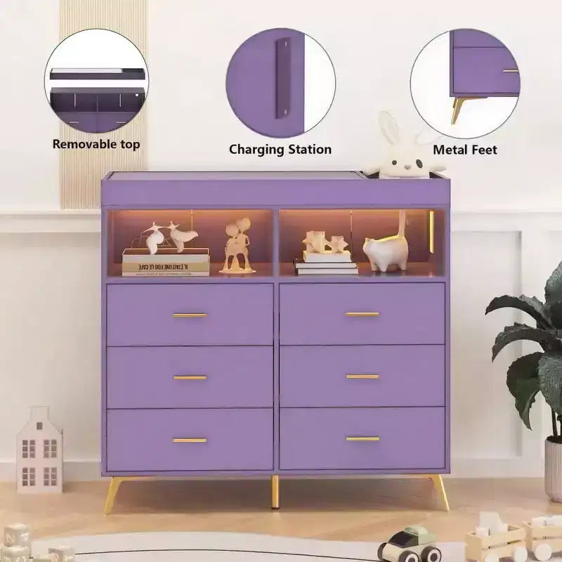 Commode à langer avec tiroirs pour bébé avec table à langer, prise de courant, lumière LED et pieds en métal
