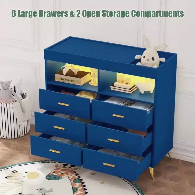Commode à langer avec tiroirs pour bébé avec table à langer, prise de courant, lumière LED et pieds en métal