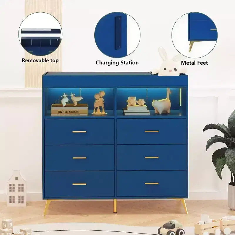 Commode à langer avec tiroirs pour bébé avec table à langer, prise de courant, lumière LED et pieds en métal