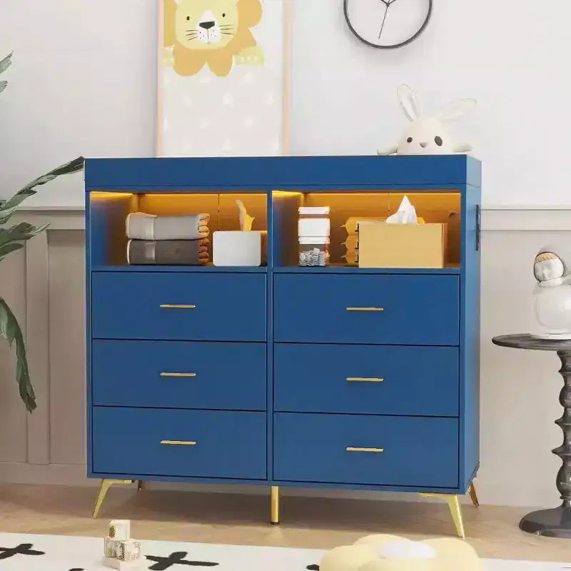 Changing Table Dresser with Drawers Baby Dresser with Changing Table Top Power Outlet LED Light & Metal Feet Diaper Changing Station