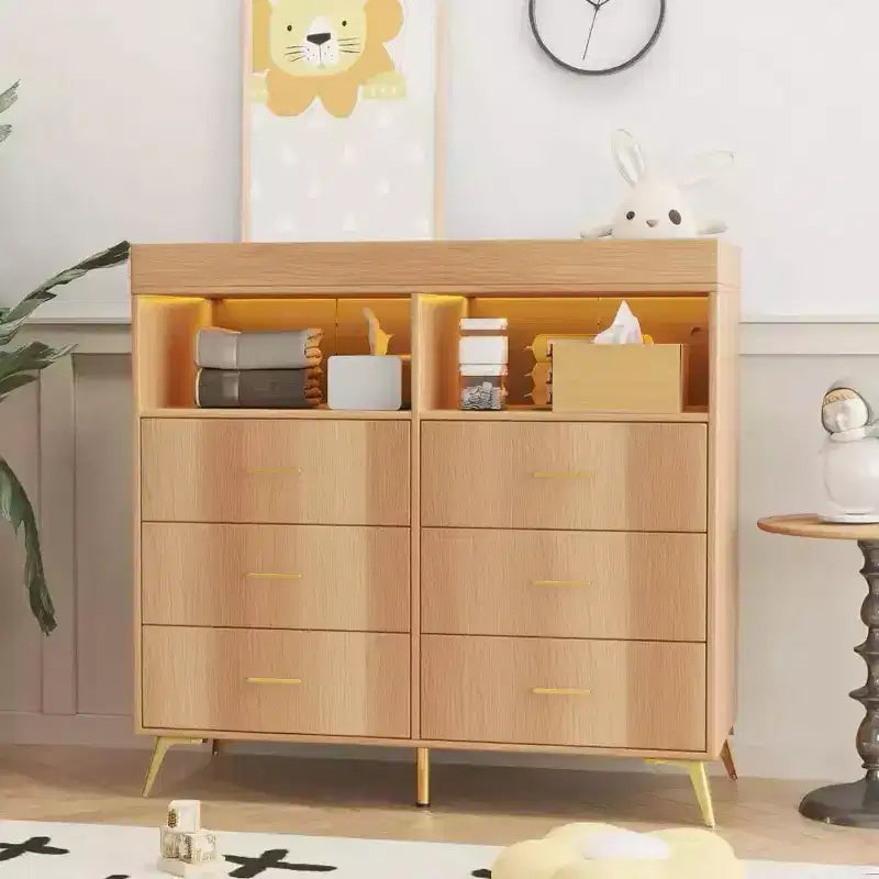 Commode à langer avec tiroirs pour bébé avec table à langer, prise de courant, lumière LED et pieds en métal