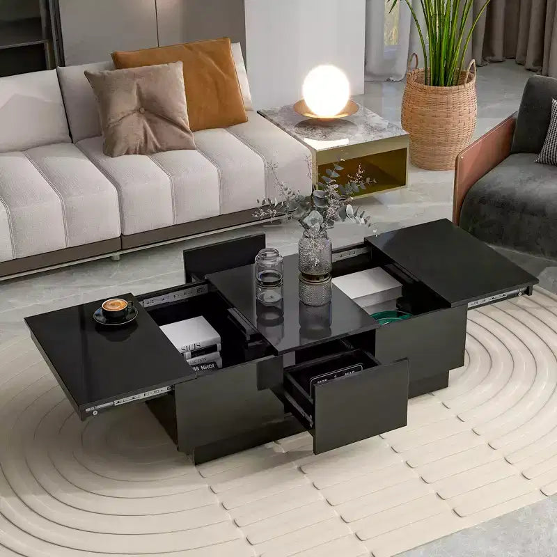 Table basse rectangulaire extensible avec 4 tiroirs de rangement cachés et plateau coulissant UV haute brillance