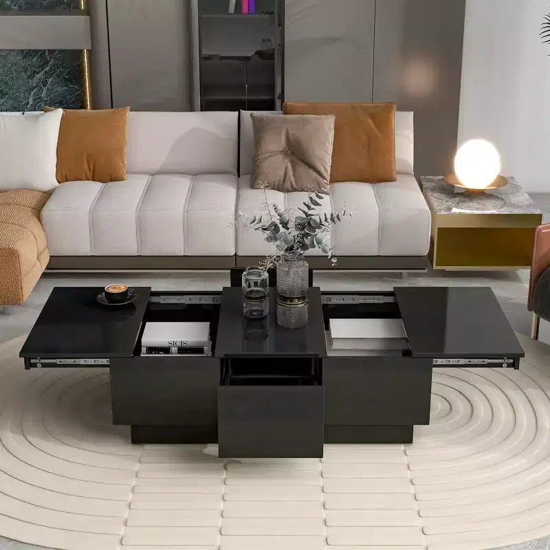 Table basse rectangulaire extensible avec 4 tiroirs de rangement cachés et plateau coulissant UV haute brillance