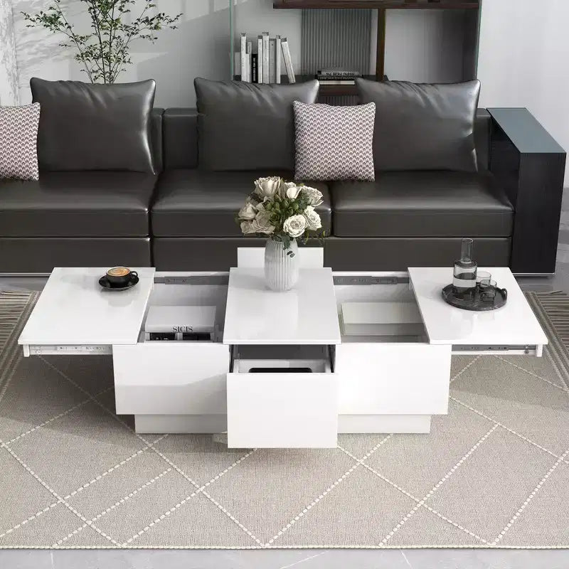 Table basse rectangulaire extensible avec 4 tiroirs de rangement cachés et plateau coulissant UV haute brillance