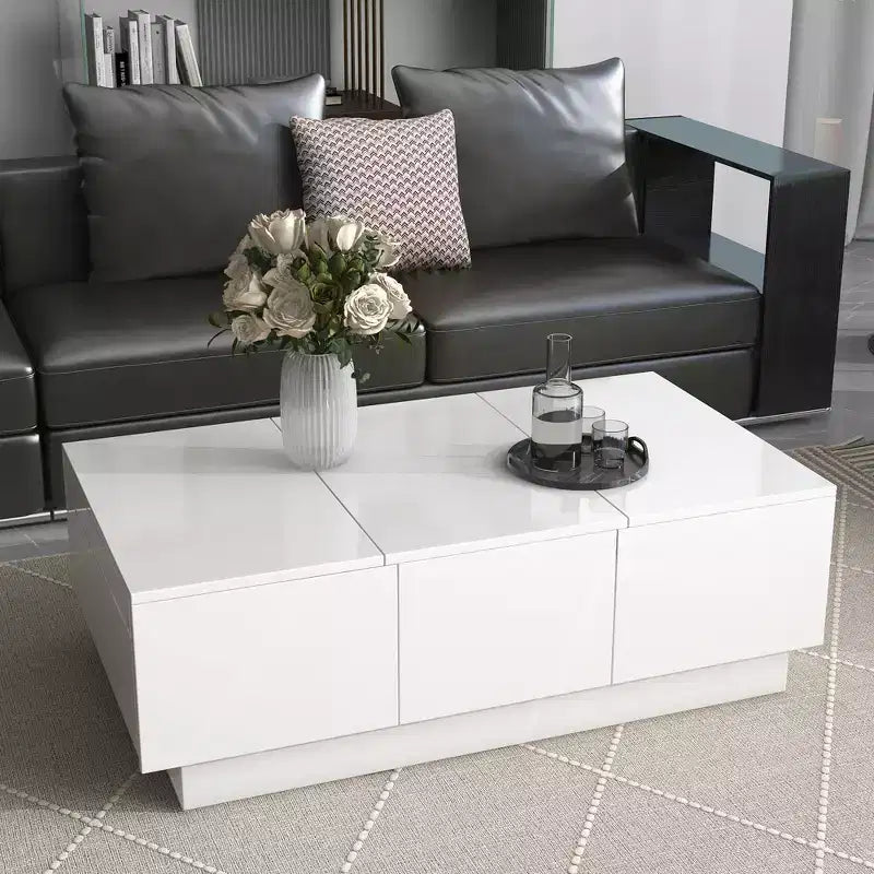 Table basse rectangulaire extensible avec 4 tiroirs de rangement cachés et plateau coulissant UV haute brillance