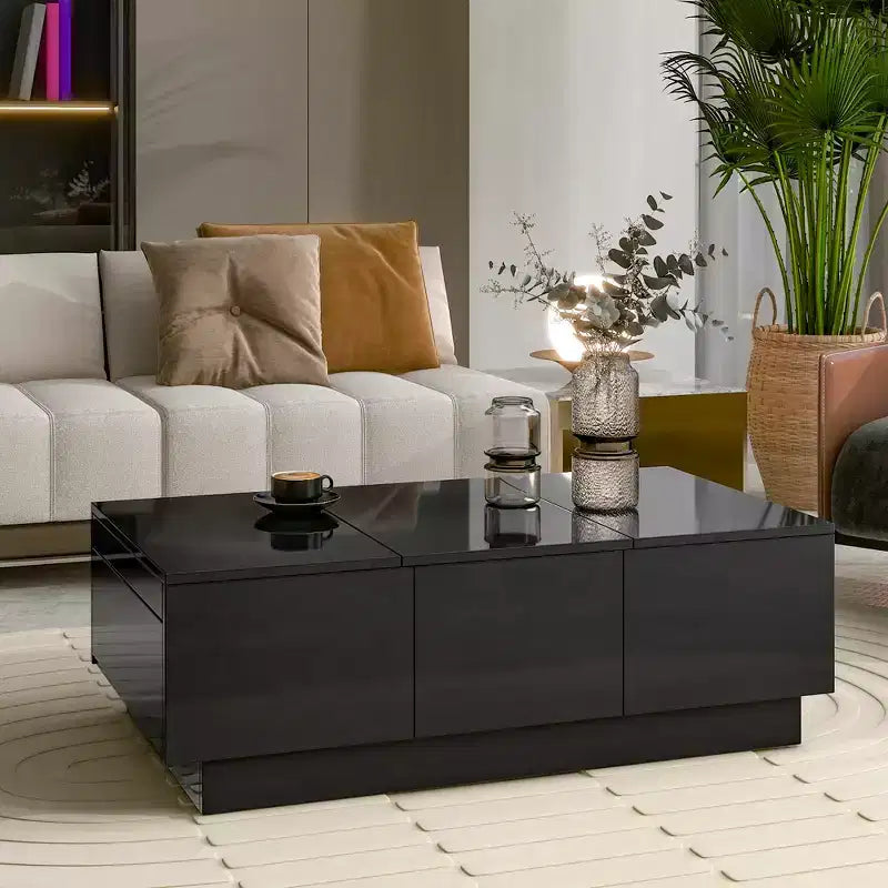 Extendable Rectangular Cocktail Table with 4 Drawers Hidden Storage & Sliding UV High-Gloss Top