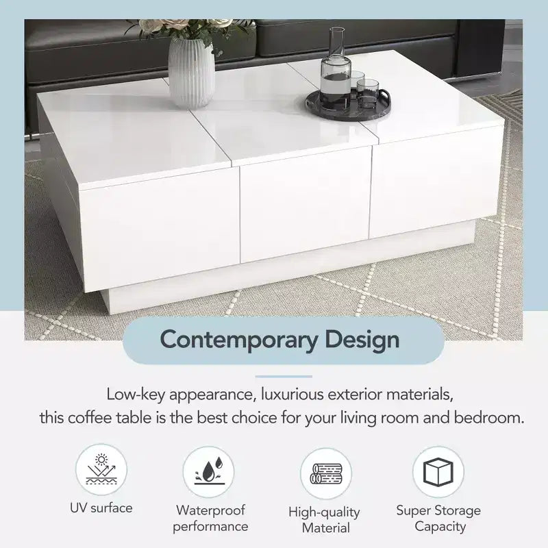 Table basse rectangulaire extensible avec 4 tiroirs de rangement cachés et plateau coulissant UV haute brillance