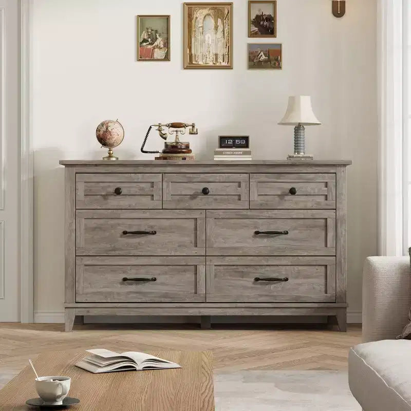 Commode 7 tiroirs pour chambre à coucher, 137 cm de large, avec rangement, commode autonome en bois