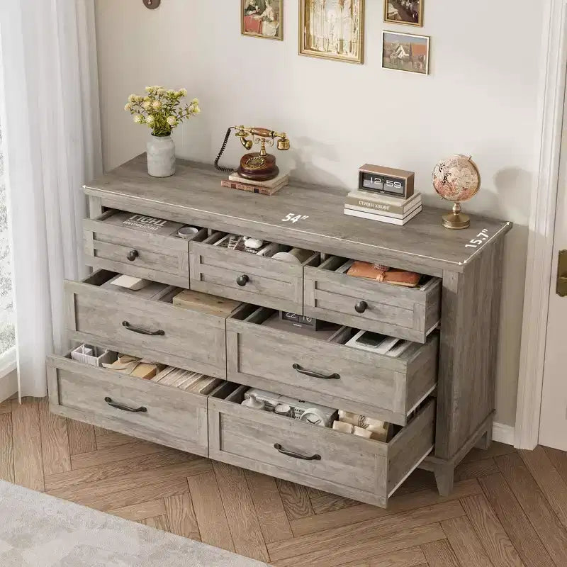 Commode 7 tiroirs pour chambre à coucher, 137 cm de large, avec rangement, commode autonome en bois